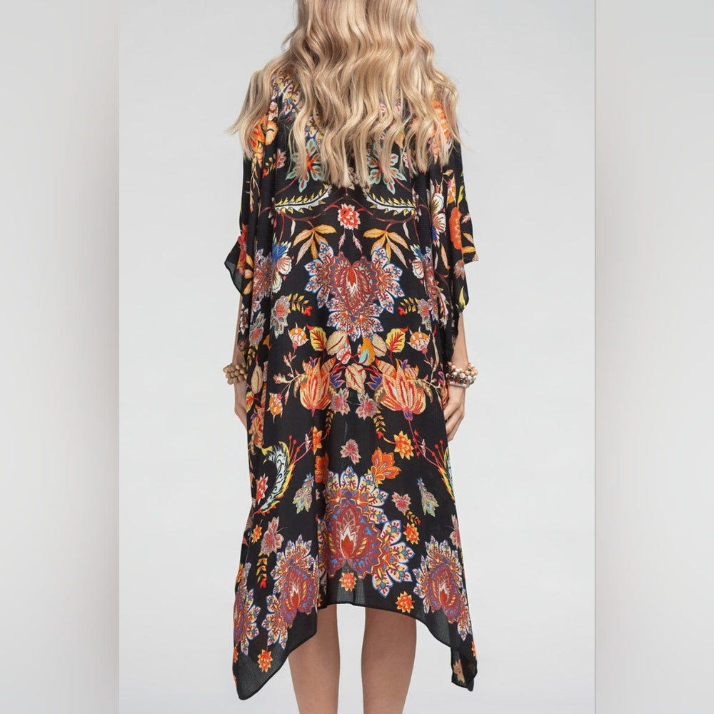 Bohemian Moroccan & Floral Print Kimono w/ Side Slits - Rich Deep Colors