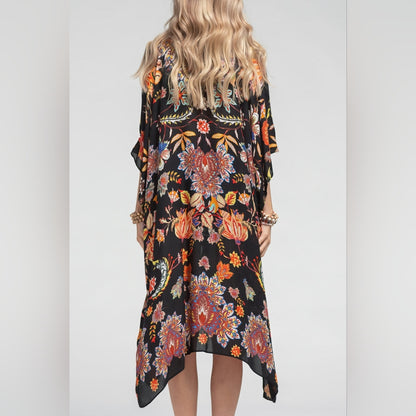 Bohemian Moroccan & Floral Print Kimono w/ Side Slits - Rich Deep Colors