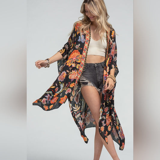 Bohemian Moroccan & Floral Print Kimono w/ Side Slits - Rich Deep Colors