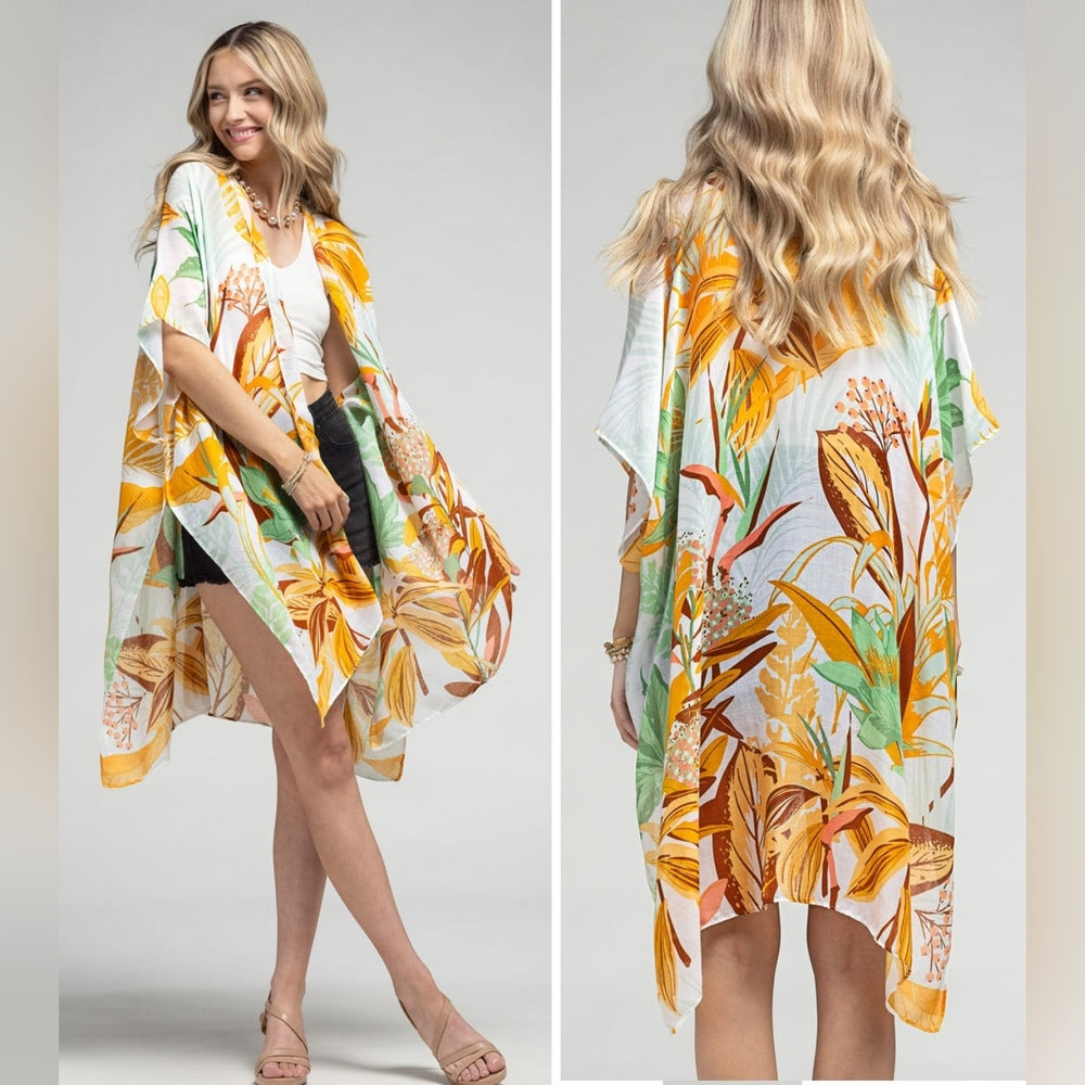 Tropical Leaves & Flowers Kimono - Large Floral Print - Lightweight & Breezy