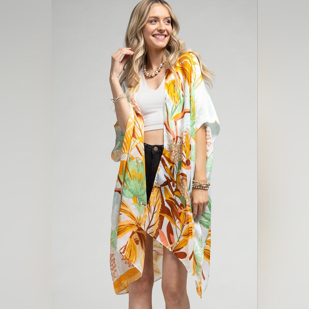 Tropical Leaves & Flowers Kimono - Large Floral Print - Lightweight & Breezy