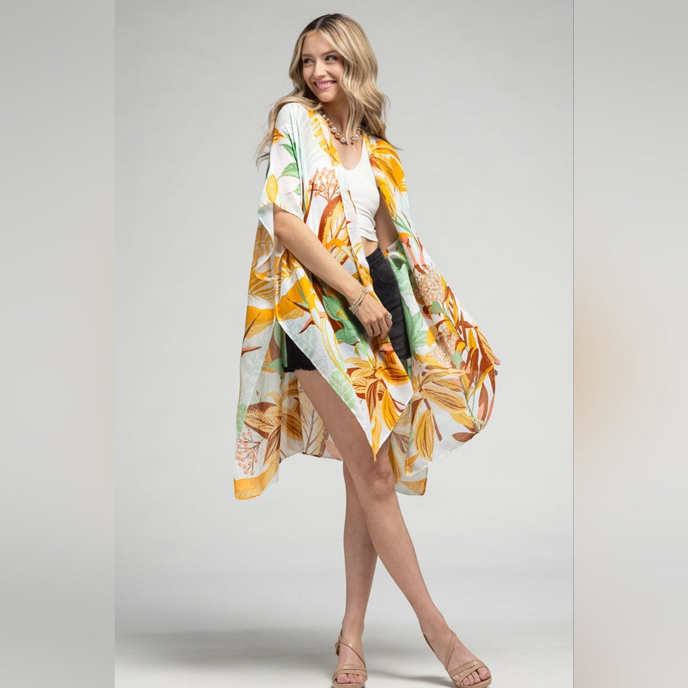 Tropical Leaves & Flowers Kimono - Large Floral Print - Lightweight & Breezy