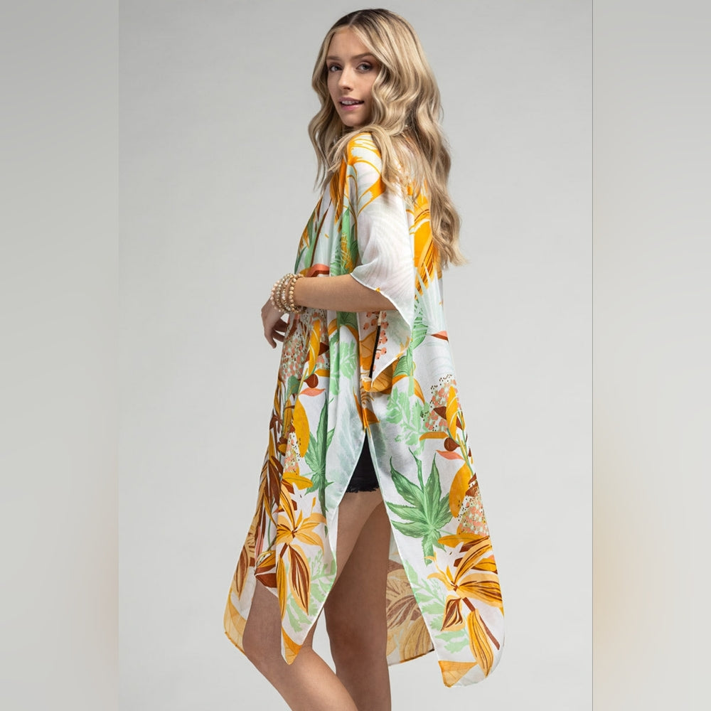 Tropical Leaves & Flowers Kimono - Large Floral Print - Lightweight & Breezy