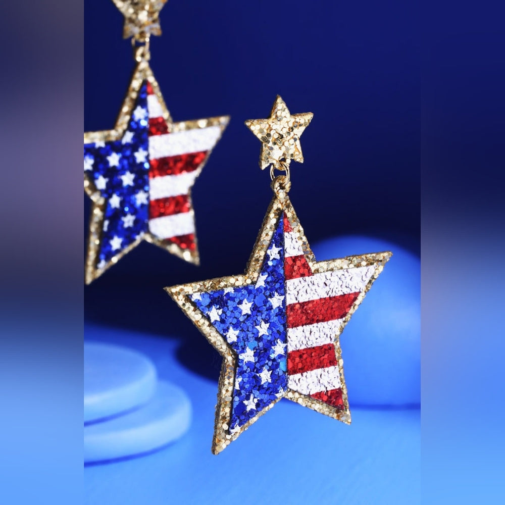 Earrings - USA American Flag Star Shaped Glitter Leather