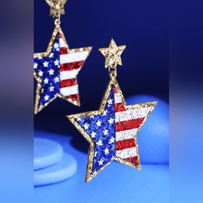Earrings - USA American Flag Star Shaped Glitter Leather