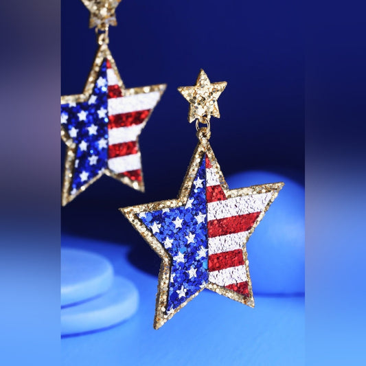 Earrings - USA American Flag Star Shaped Glitter Leather