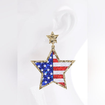 Earrings - USA American Flag Star Shaped Glitter Leather