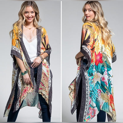 Tropical & Floral Print Kimono w Side Slits - Lightweight Jacquard Fabric