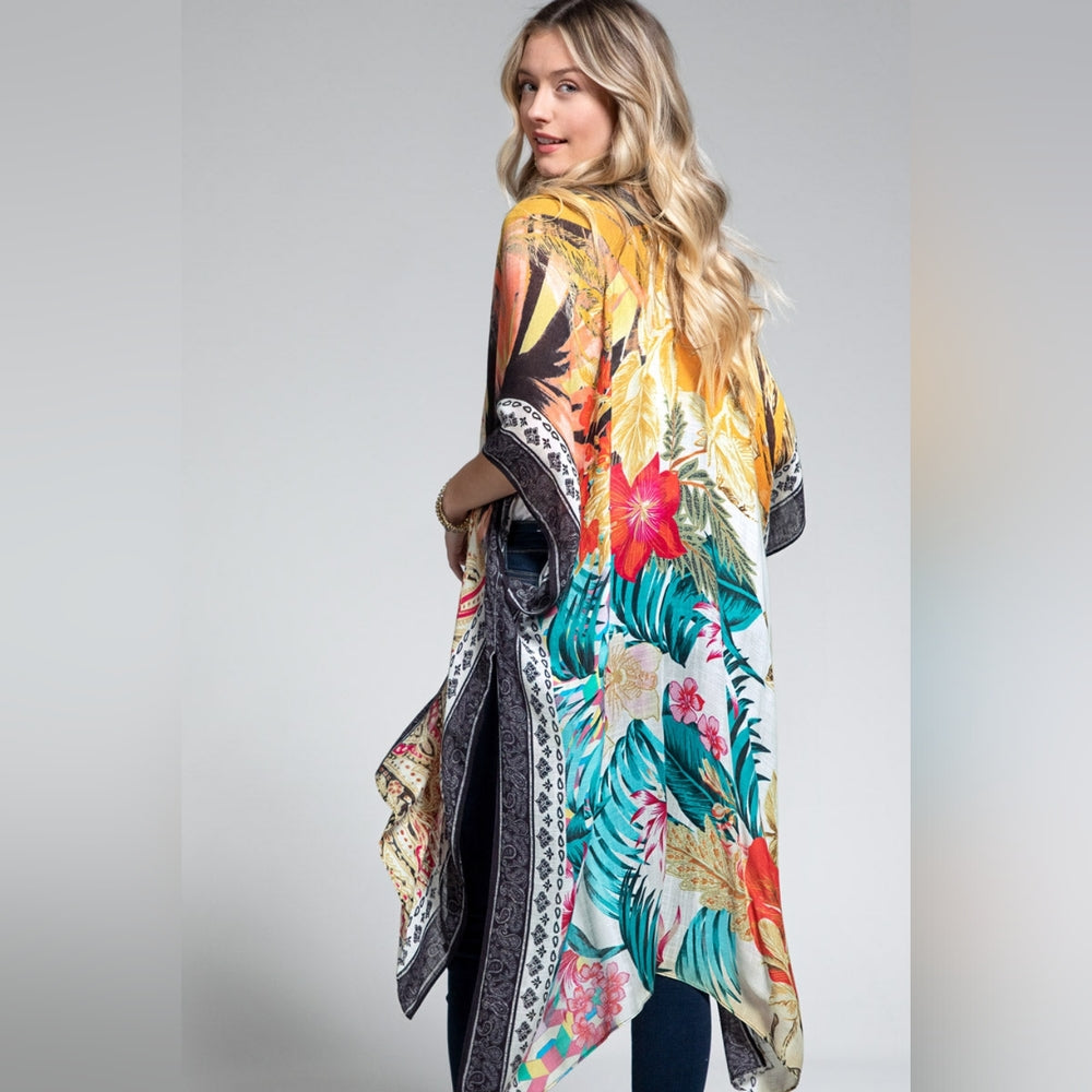 Tropical & Floral Print Kimono w Side Slits - Lightweight Jacquard Fabric