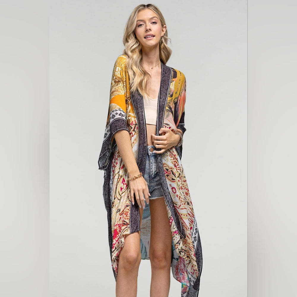 Tropical & Floral Print Kimono w Side Slits - Lightweight Jacquard Fabric