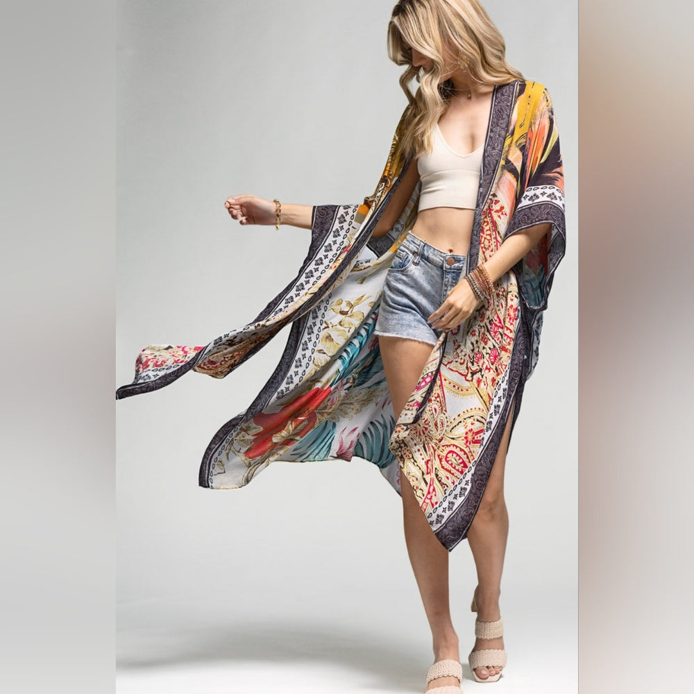 Tropical & Floral Print Kimono w Side Slits - Lightweight Jacquard Fabric