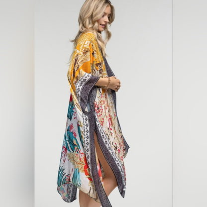Tropical & Floral Print Kimono w Side Slits - Lightweight Jacquard Fabric