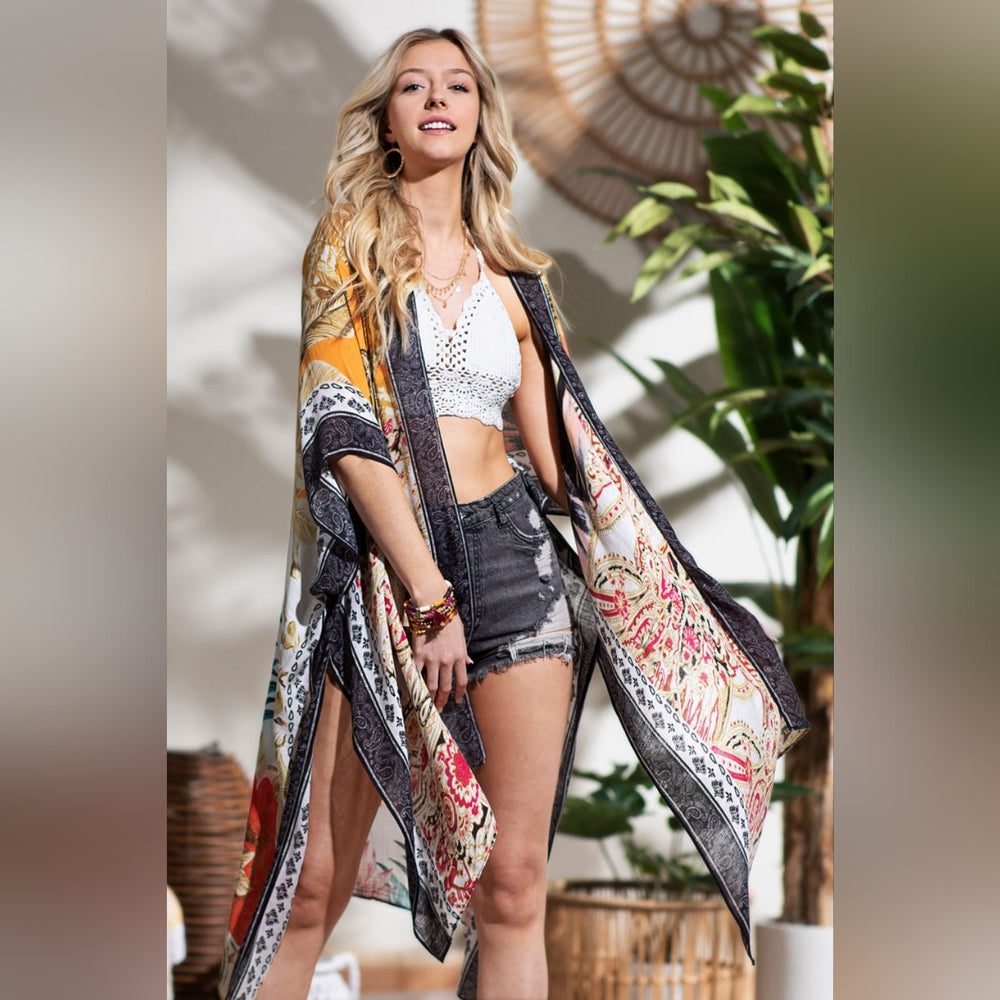 Tropical & Floral Print Kimono w Side Slits - Lightweight Jacquard Fabric