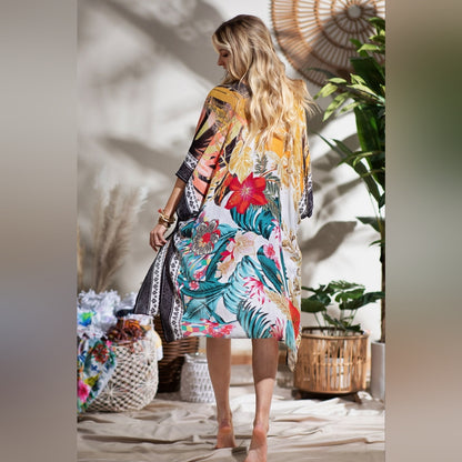 Tropical & Floral Print Kimono w Side Slits - Lightweight Jacquard Fabric