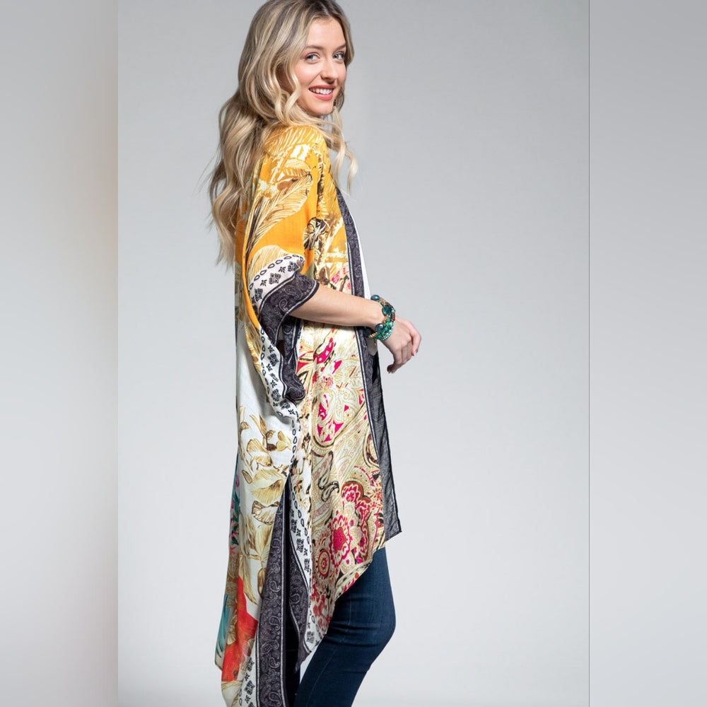 Tropical & Floral Print Kimono w Side Slits - Lightweight Jacquard Fabric