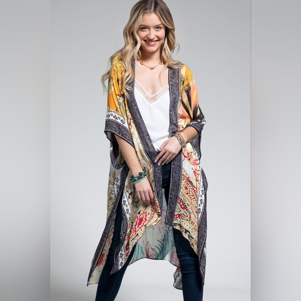 Tropical & Floral Print Kimono w Side Slits - Lightweight Jacquard Fabric