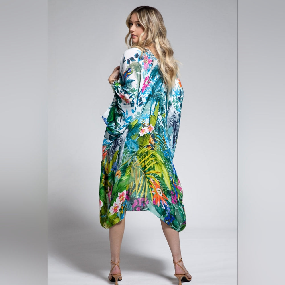 Tropical Rainforest Kimono w/ Vibrant Flowers & Elephant - Lightweight & Breezy