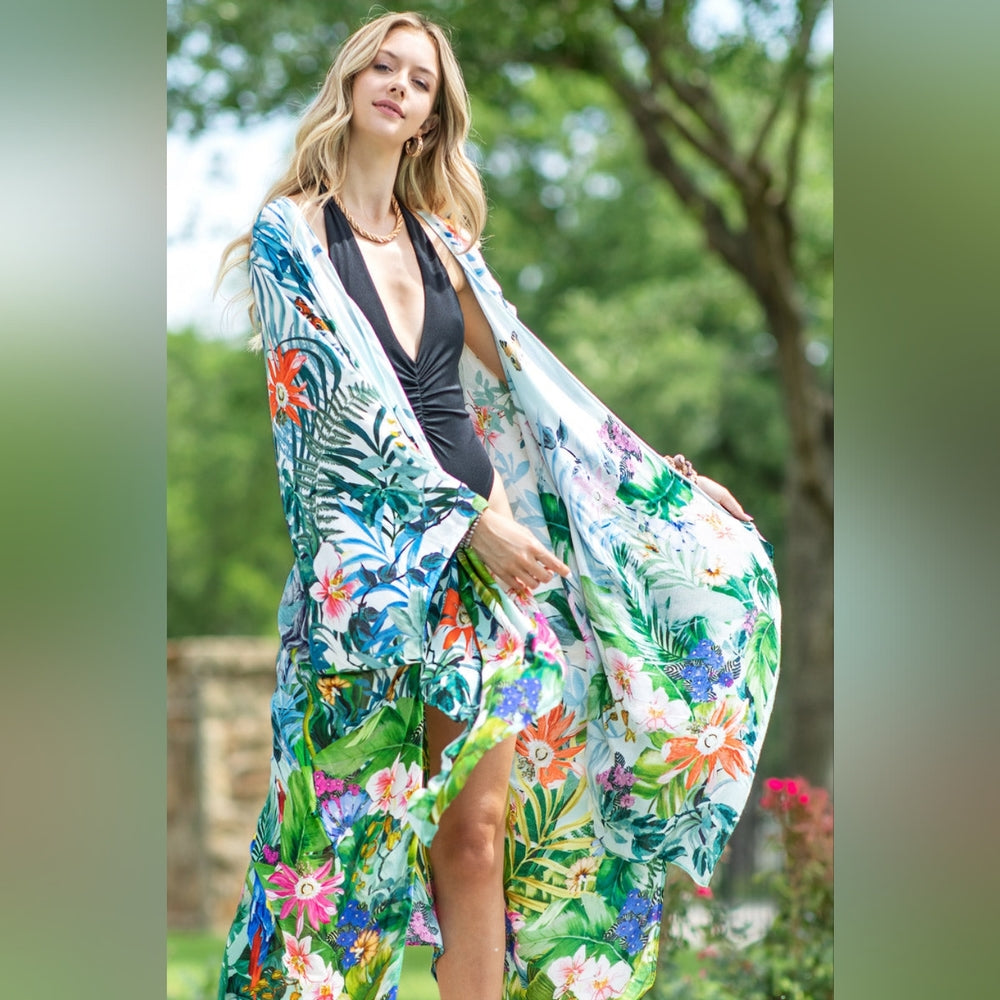 Tropical Rainforest Kimono w/ Vibrant Flowers & Elephant - Lightweight & Breezy