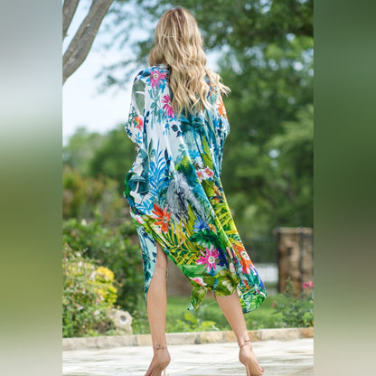 Tropical Rainforest Kimono w/ Vibrant Flowers & Elephant - Lightweight & Breezy