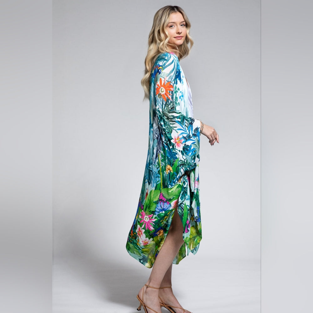 Tropical Rainforest Kimono w/ Vibrant Flowers & Elephant - Lightweight & Breezy