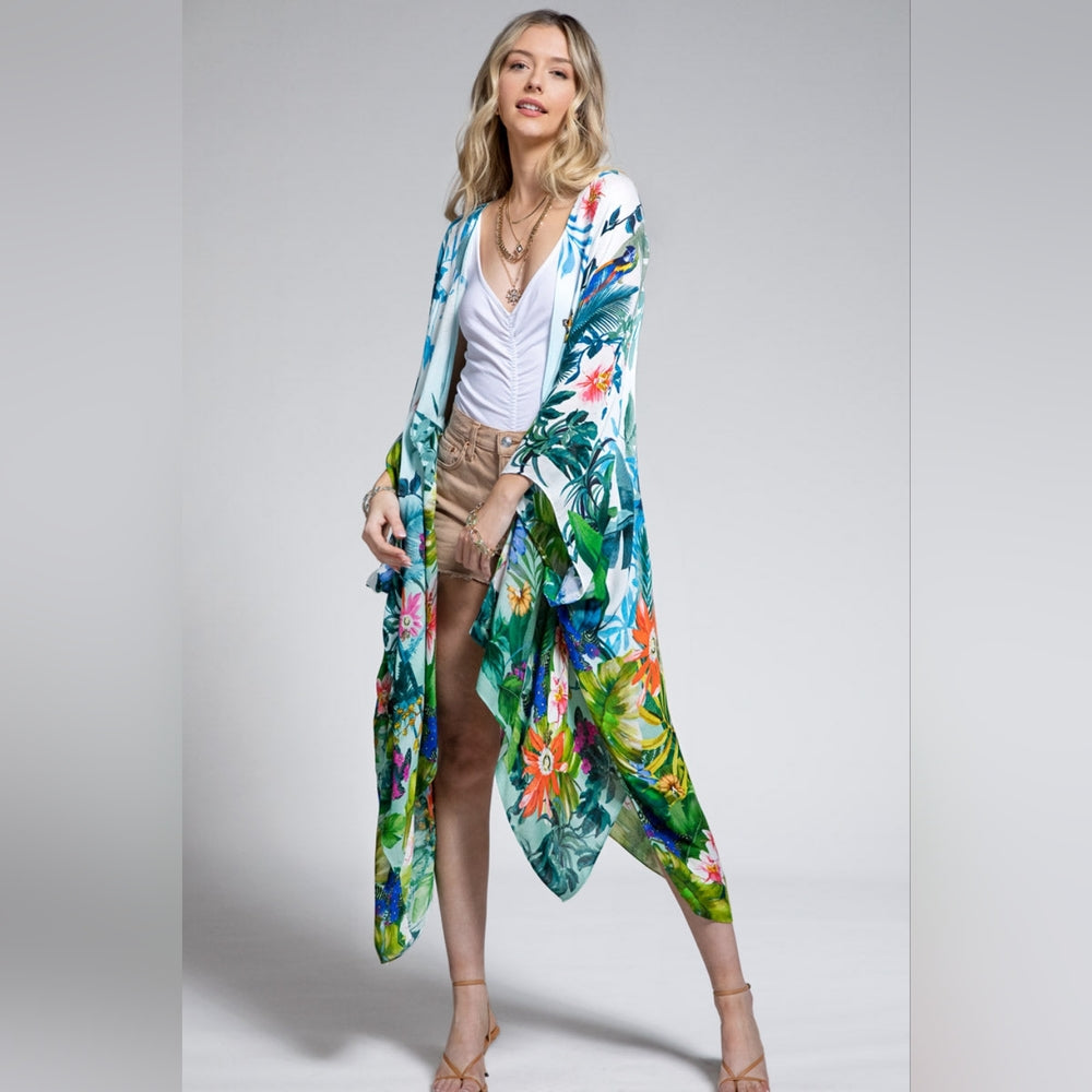 Tropical Rainforest Kimono w/ Vibrant Flowers & Elephant - Lightweight & Breezy