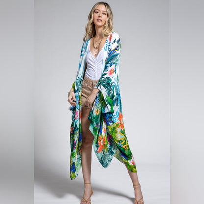 Tropical Rainforest Kimono w/ Vibrant Flowers & Elephant - Lightweight & Breezy