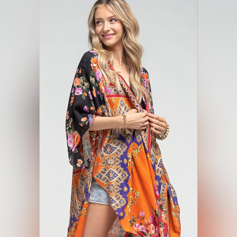 Stunning Floral Italian Print Kimono w Side Slits on Lightweight Jacquard Fabric