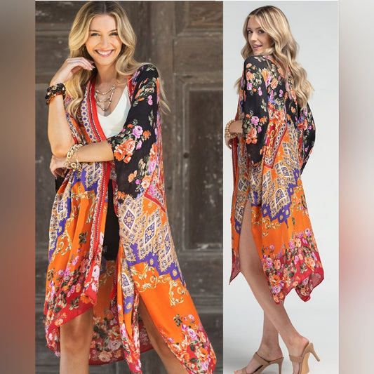 Stunning Floral Italian Print Kimono w Side Slits on Lightweight Jacquard Fabric