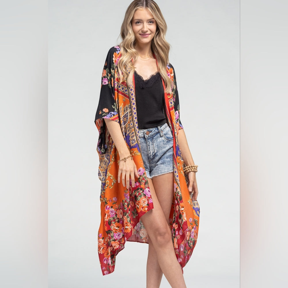 Stunning Floral Italian Print Kimono w Side Slits on Lightweight Jacquard Fabric