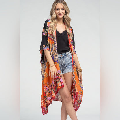 Stunning Floral Italian Print Kimono w Side Slits on Lightweight Jacquard Fabric
