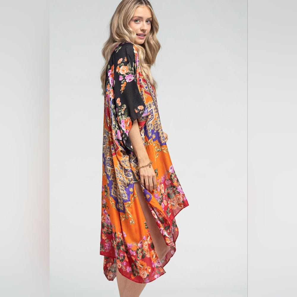 Stunning Floral Italian Print Kimono w Side Slits on Lightweight Jacquard Fabric