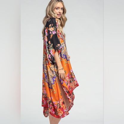 Stunning Floral Italian Print Kimono w Side Slits on Lightweight Jacquard Fabric