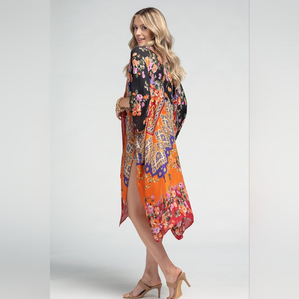 Stunning Floral Italian Print Kimono w Side Slits on Lightweight Jacquard Fabric
