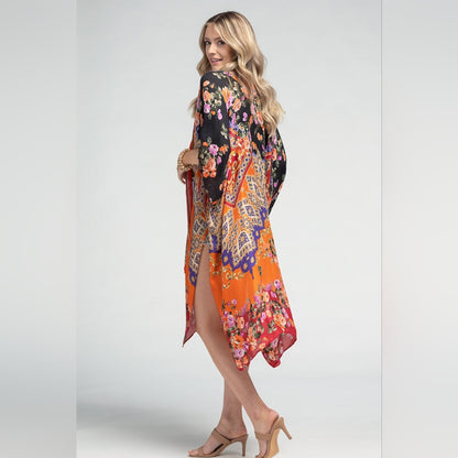 Stunning Floral Italian Print Kimono w Side Slits on Lightweight Jacquard Fabric