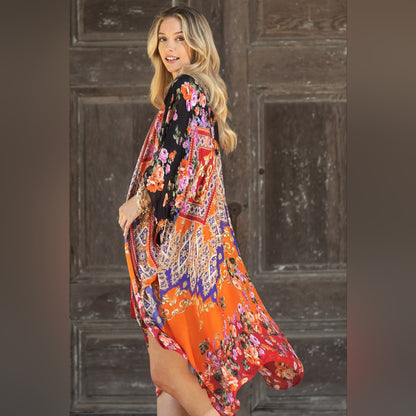 Stunning Floral Italian Print Kimono w Side Slits on Lightweight Jacquard Fabric