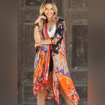 Stunning Floral Italian Print Kimono w Side Slits on Lightweight Jacquard Fabric