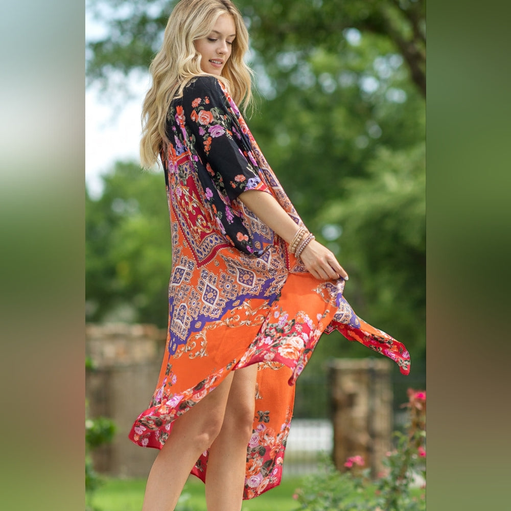 Stunning Floral Italian Print Kimono w Side Slits on Lightweight Jacquard Fabric