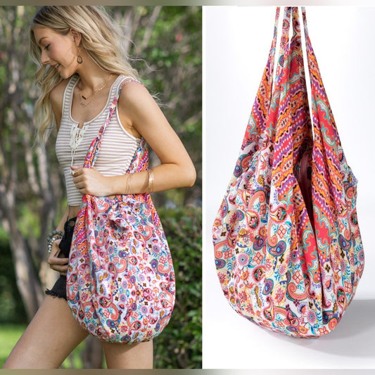 Boho Chic Beach Yoga Hobo Shoulder Bag - 100% Cotton - Paisley Floral Design