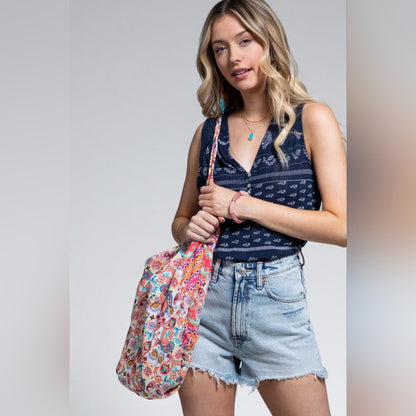 Boho Chic Beach Yoga Hobo Shoulder Bag - 100% Cotton - Paisley Floral Design