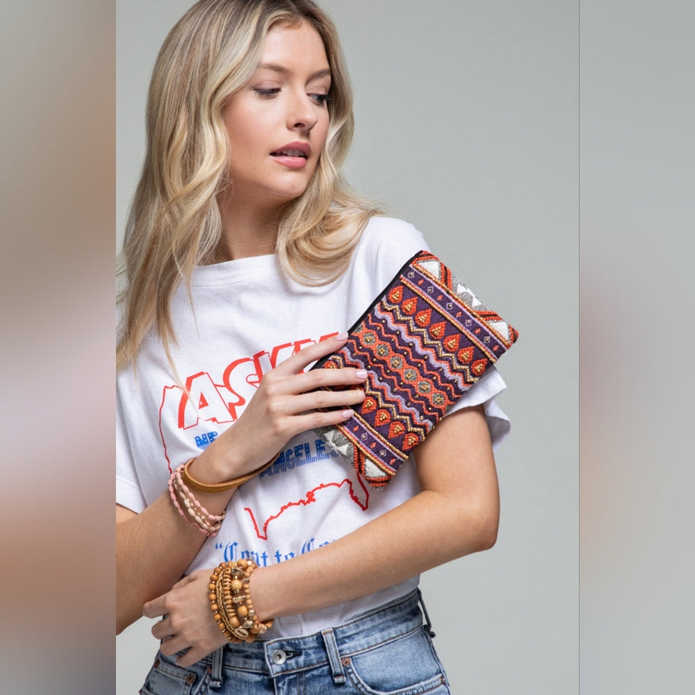 Handmade Hand Beaded Wristlet Clutch - Ethnic Inspired Motive - Dyed Fine Cotton