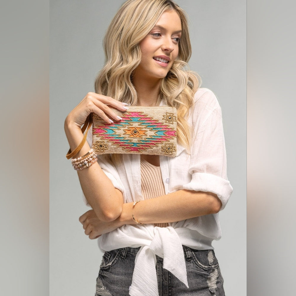 Handmade Hand Beaded Wristlet Clutch - Ethnic Inspired Motive - Dyed Fine Cotton