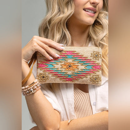 Handmade Hand Beaded Wristlet Clutch - Ethnic Inspired Motive - Dyed Fine Cotton