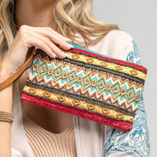 Handmade Hand Beaded Wristlet Clutch - Ethnic Inspired Motive - Dyed Fine Cotton