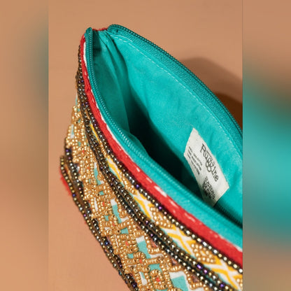 Handmade Hand Beaded Wristlet Clutch - Ethnic Inspired Motive - Dyed Fine Cotton