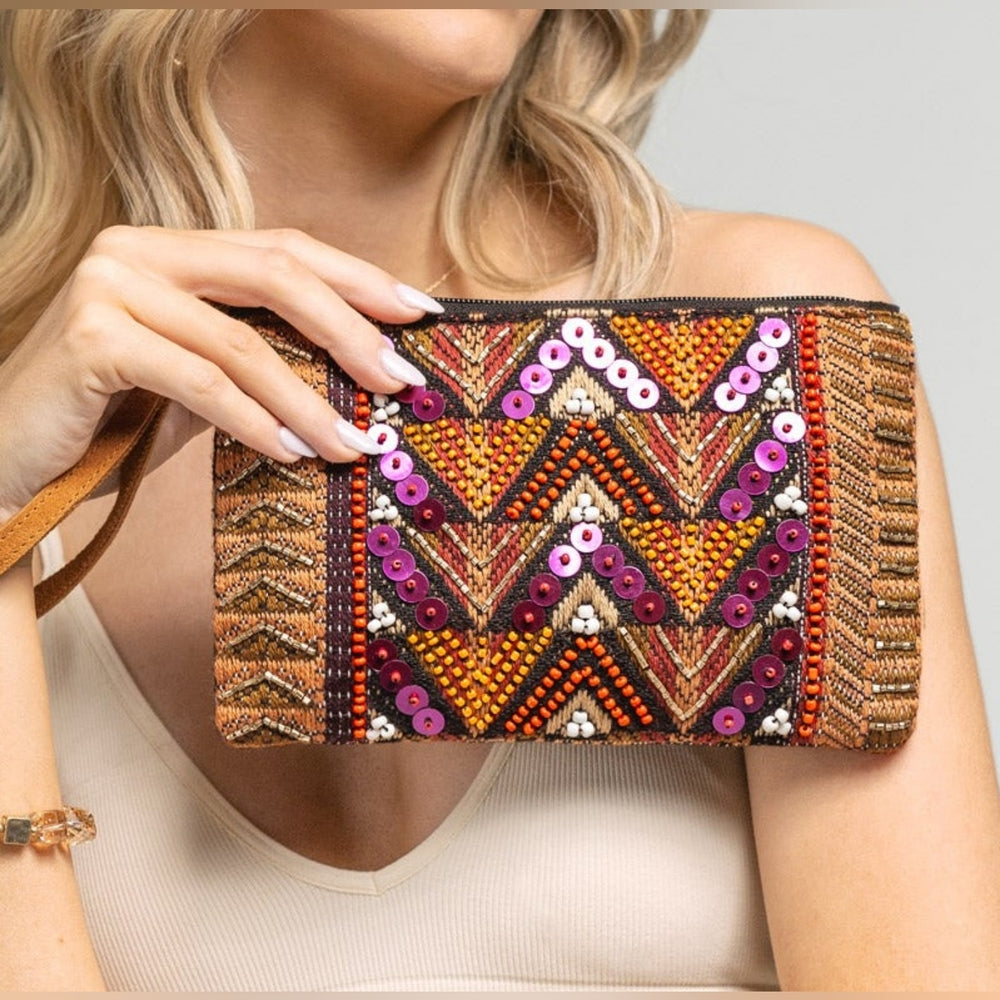 Handmade Hand Beaded & Sequined Wristlet Clutch - Ethnic Inspired Pattern