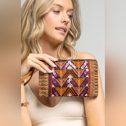 Handmade Hand Beaded & Sequined Wristlet Clutch - Ethnic Inspired Pattern