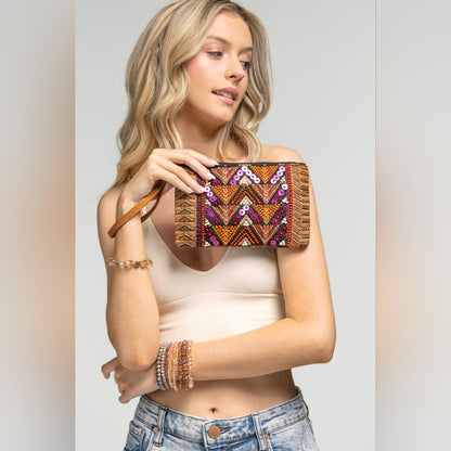 Handmade Hand Beaded & Sequined Wristlet Clutch - Ethnic Inspired Pattern