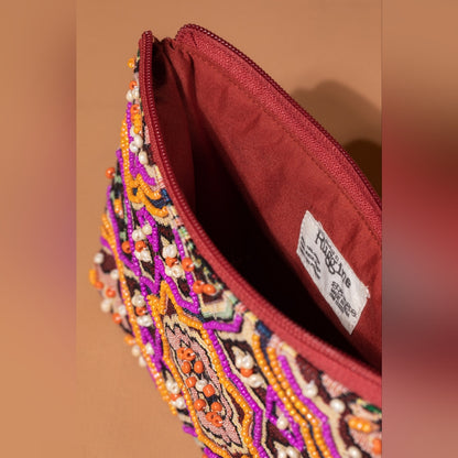 Handmade Hand Beaded Wristlet Clutch - Ethnic Inspired Motive - Dyed Fine Cotton