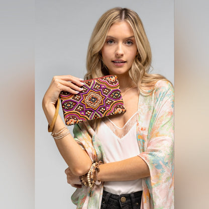 Handmade Hand Beaded Wristlet Clutch - Ethnic Inspired Motive - Dyed Fine Cotton