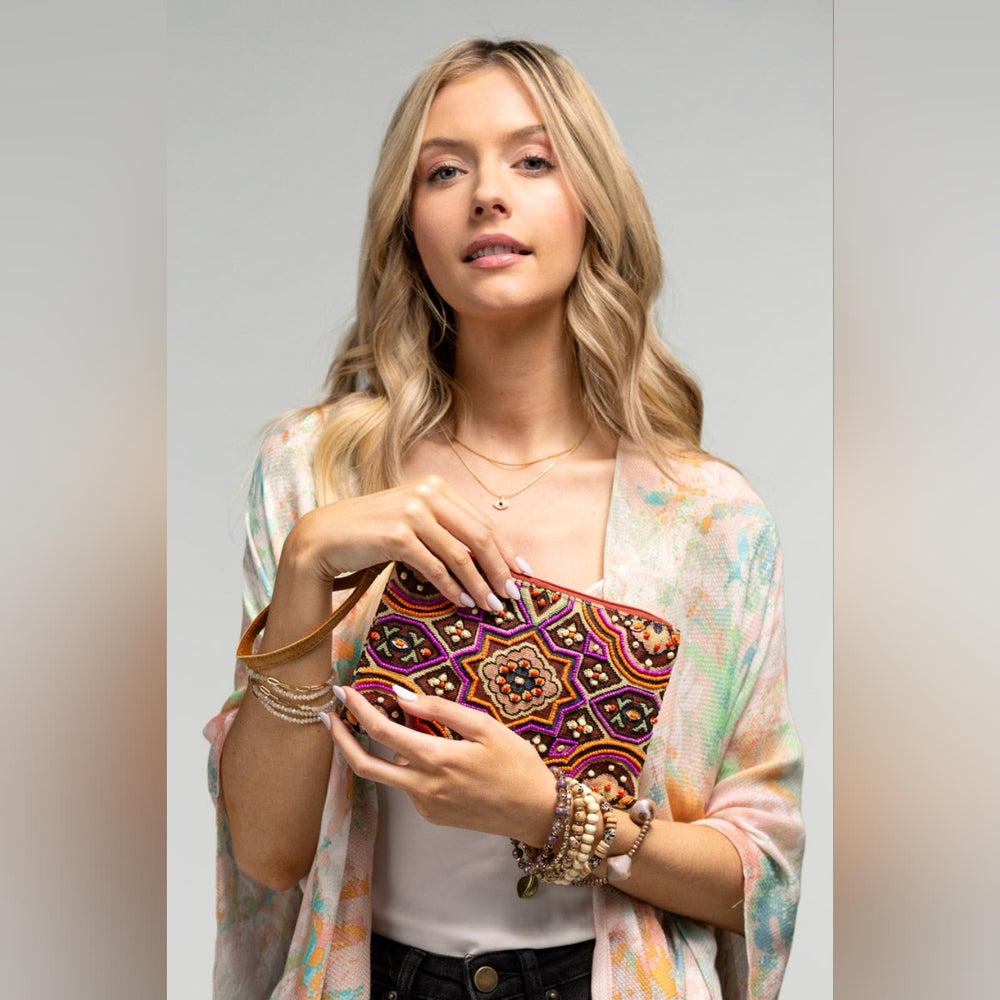 Handmade Hand Beaded Wristlet Clutch - Ethnic Inspired Motive - Dyed Fine Cotton